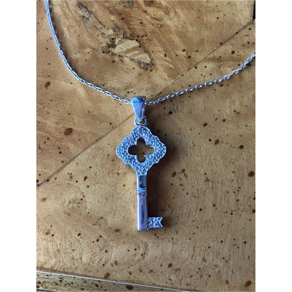 Natural White Diamond Sterling Silver Key Necklace